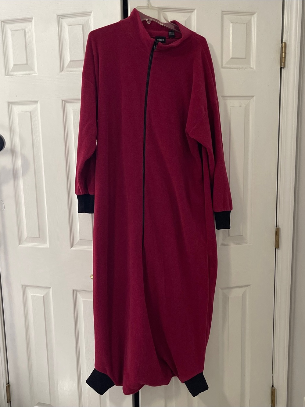Zip-Front Full-Length Sleep Gown in Burgundy with Black Trim